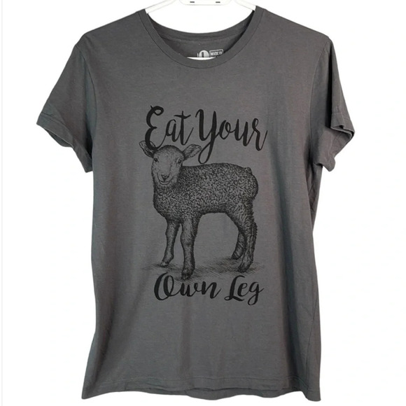 HARM LESS THREADS Eat Your Own Leg Lamb Graphic Tee Grey Short Sleeve Crew L - Picture 2 of 9